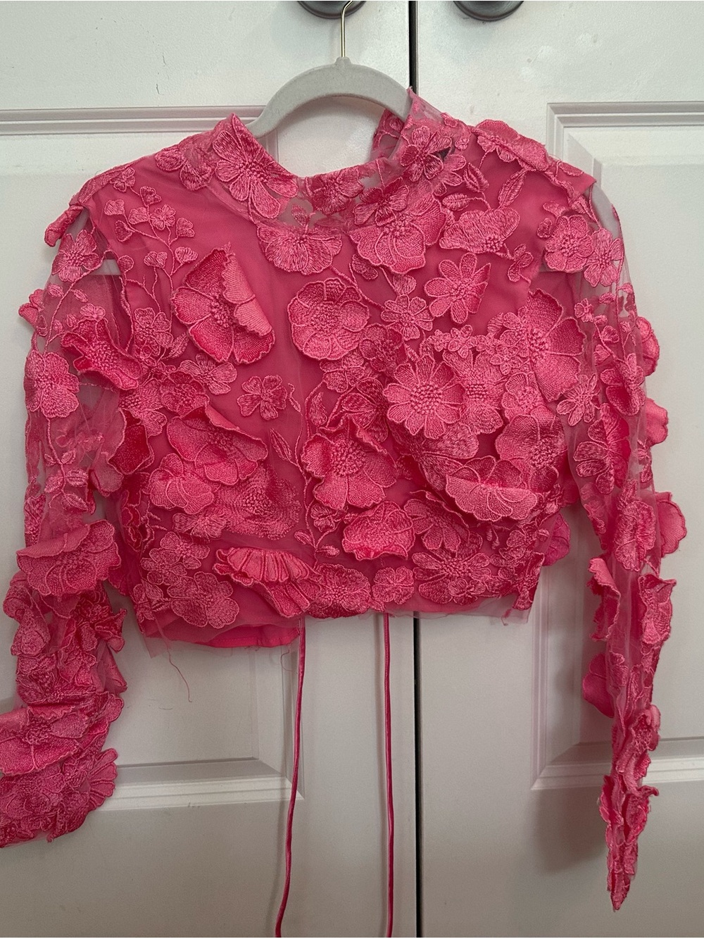 Fashion Nova Hot Pink Floral Appliqué Sheer Crop Top
